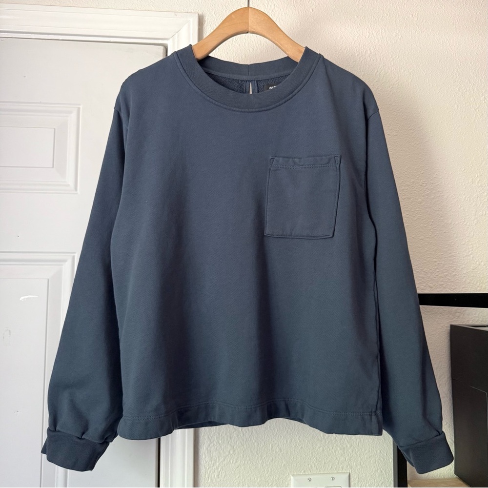 Glee + Co Blue Cotton Terry Knit Crew Keyhole Crew Long Sleeve Boxy Pullover